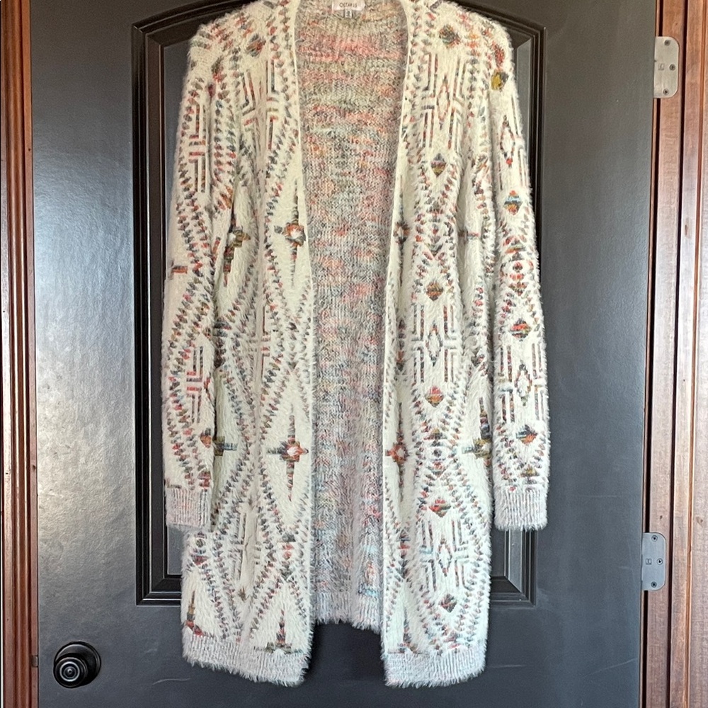 Western Ranch Cream Aztec Knit Open-Front Sweater Cardigan Duster